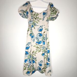 Tulip Creations Floral Short Puff Sleeve Smocked Back Midi Dress M